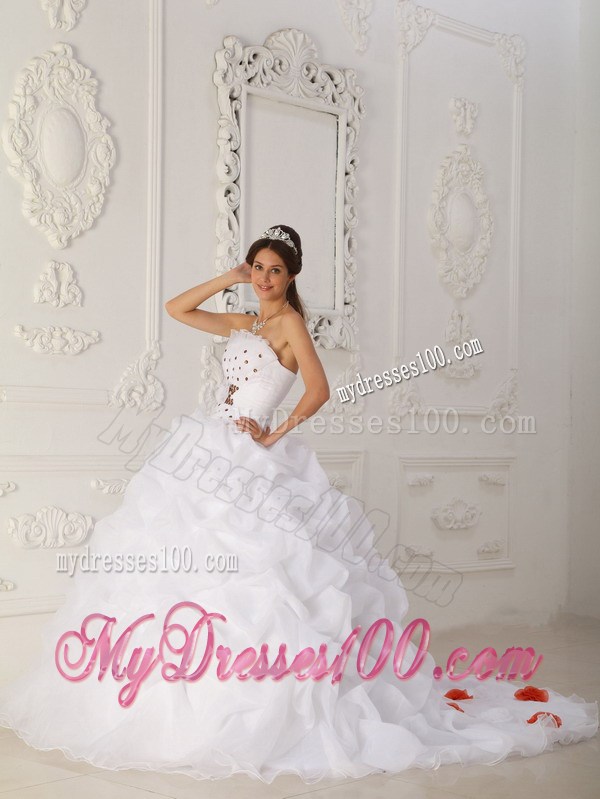 White Strapless Quinceanera Dress Court Train Beading and Hand Flowers