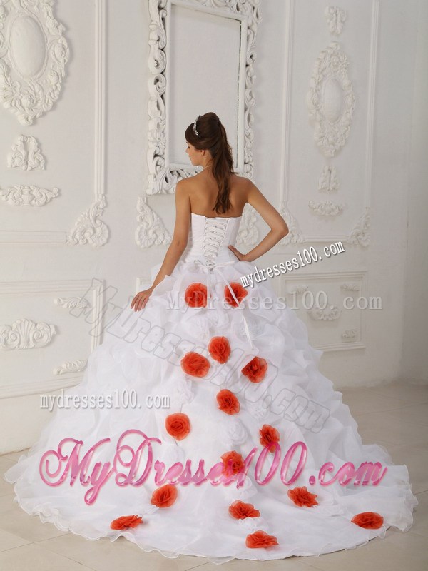 White Strapless Quinceanera Dress Court Train Beading and Hand Flowers