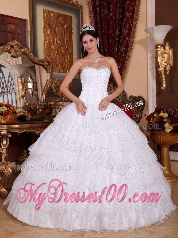 White Ball Gown Strapless Beading and Layered Organza Quinceanera Dress