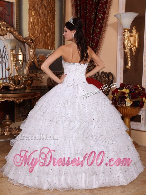 White Ball Gown Strapless Beading and Layered Organza Quinceanera Dress