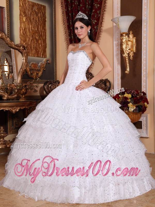 White Ball Gown Strapless Beading and Layered Organza Quinceanera Dress