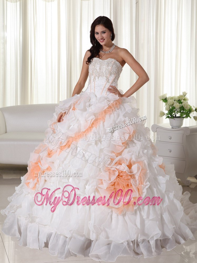 White Sweetheart Appliqued and Beaded Quinceanera Dress Court Train