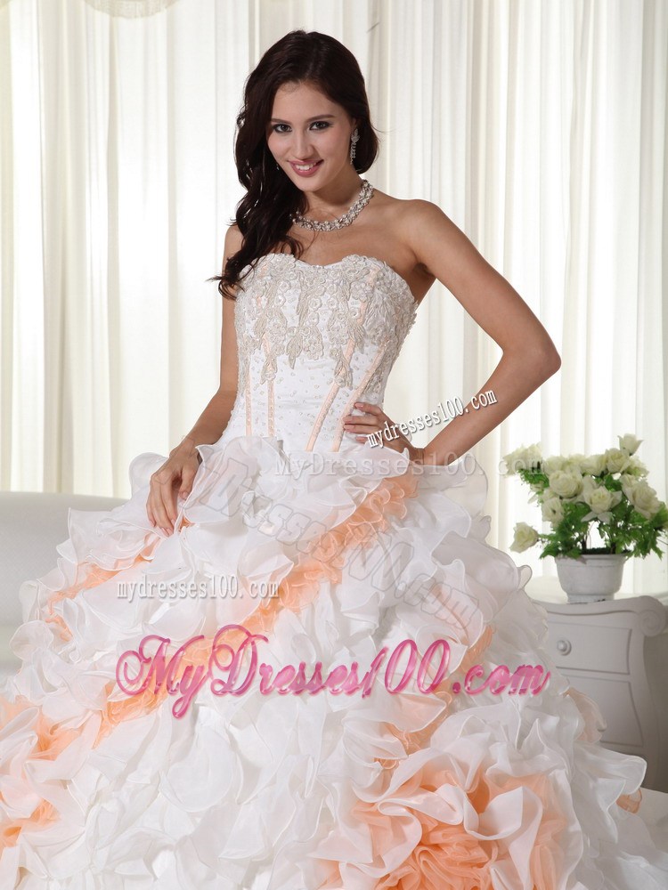 White Sweetheart Appliqued and Beaded Quinceanera Dress Court Train