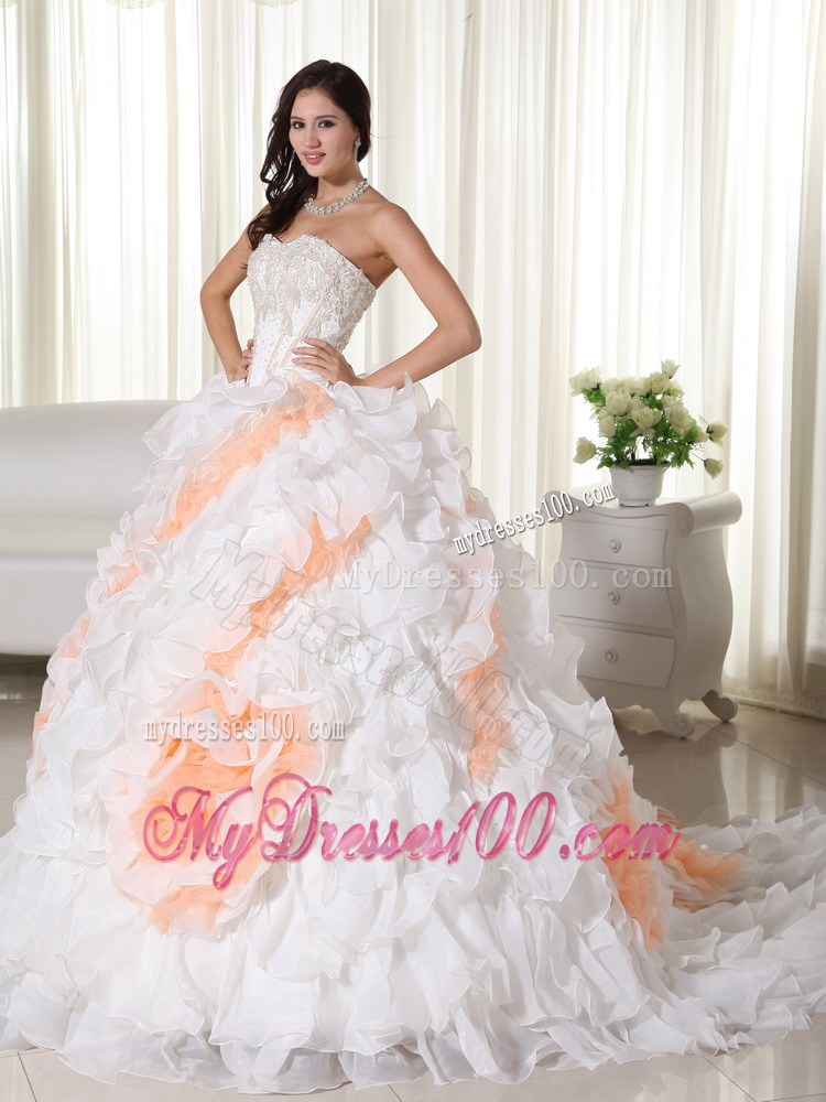 White Sweetheart Appliqued and Beaded Quinceanera Dress Court Train