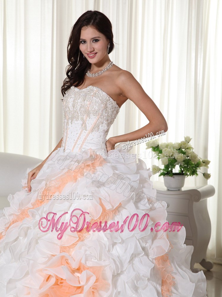 White Sweetheart Appliqued and Beaded Quinceanera Dress Court Train