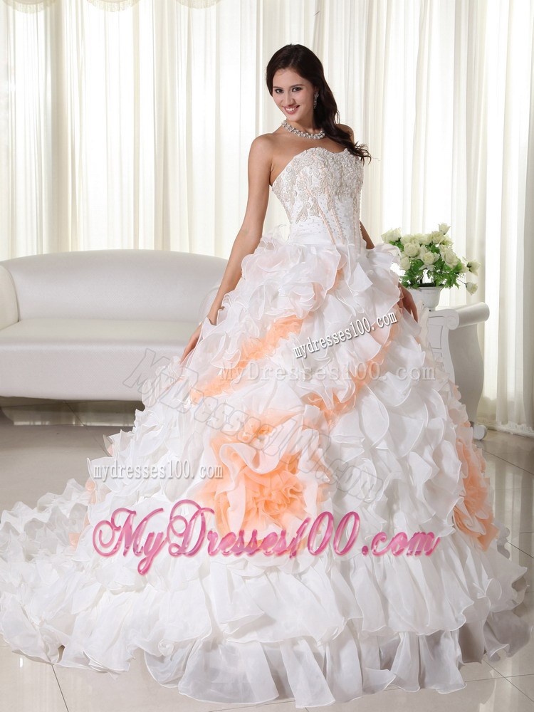 White Sweetheart Appliqued and Beaded Quinceanera Dress Court Train