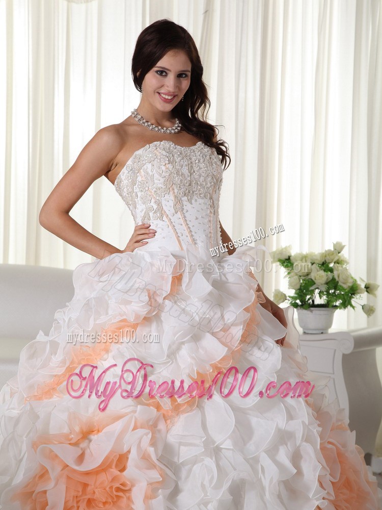 White Sweetheart Appliqued and Beaded Quinceanera Dress Court Train