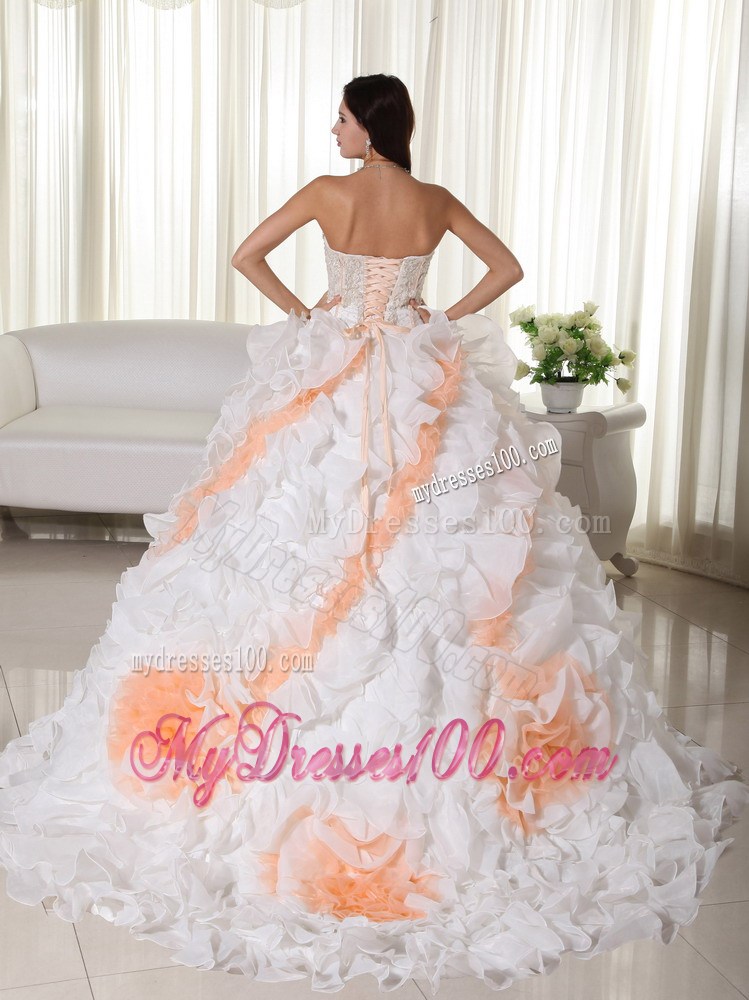 White Sweetheart Appliqued and Beaded Quinceanera Dress Court Train