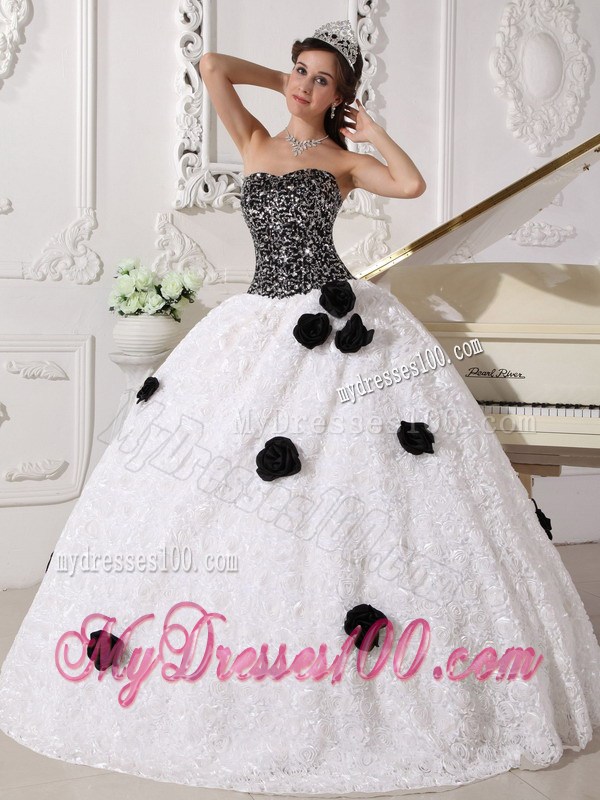 White and Black Strapless Special Fabric Quince Dress with Hand Flowers