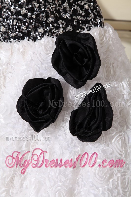 White and Black Strapless Special Fabric Quince Dress with Hand Flowers