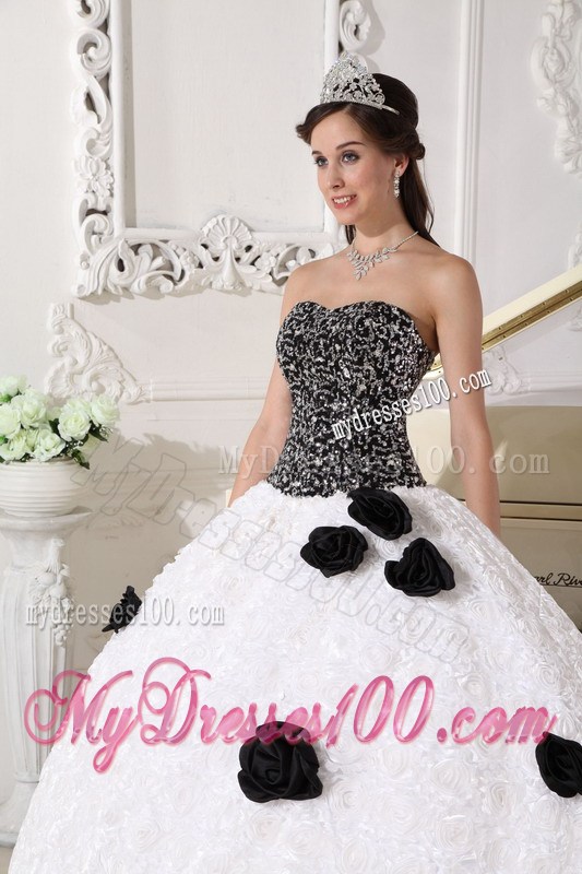 White and Black Strapless Special Fabric Quince Dress with Hand Flowers