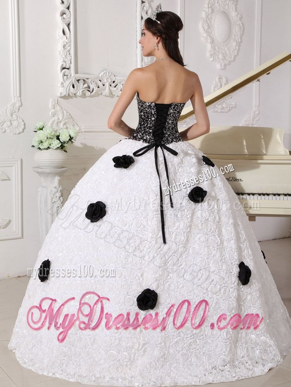 White and Black Strapless Special Fabric Quince Dress with Hand Flowers