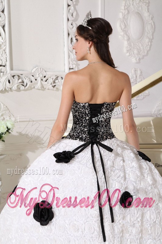 White and Black Strapless Special Fabric Quince Dress with Hand Flowers