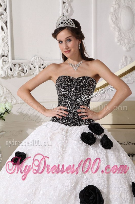 White and Black Strapless Special Fabric Quince Dress with Hand Flowers