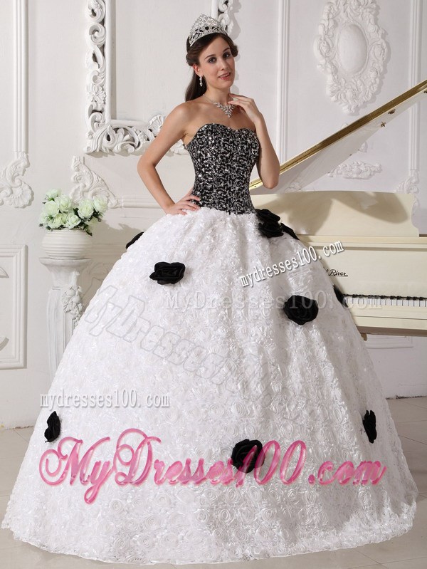 White and Black Strapless Special Fabric Quince Dress with Hand Flowers