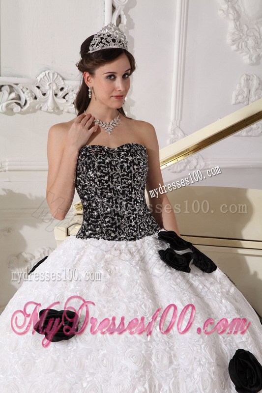 White and Black Strapless Special Fabric Quince Dress with Hand Flowers