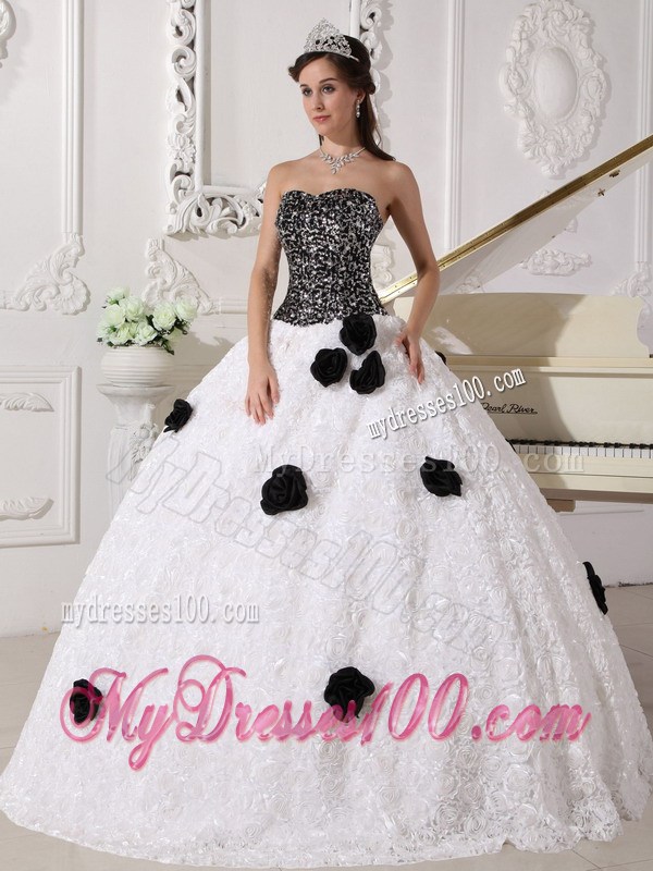 White and Black Strapless Special Fabric Quince Dress with Hand Flowers