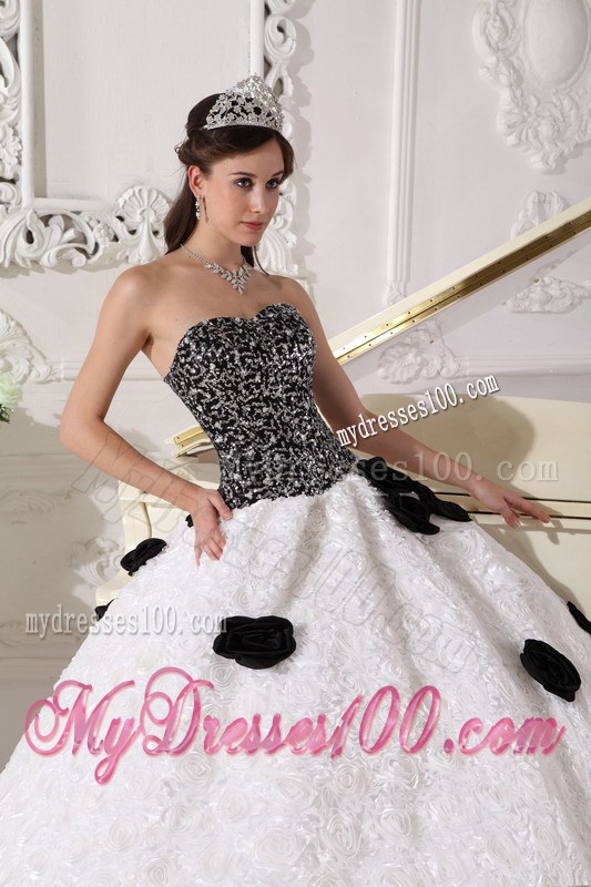 White and Black Strapless Special Fabric Quince Dress with Hand Flowers