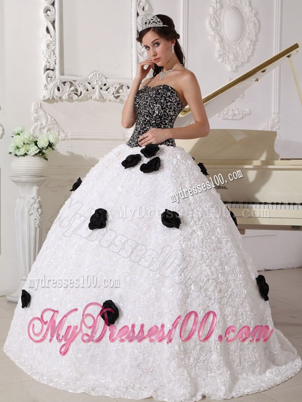 White and Black Strapless Special Fabric Quince Dress with Hand Flowers