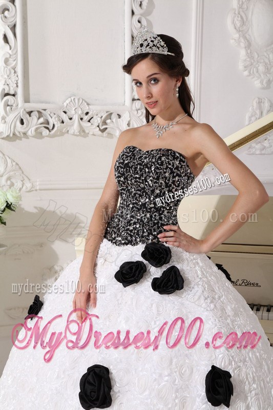 White and Black Strapless Special Fabric Quince Dress with Hand Flowers