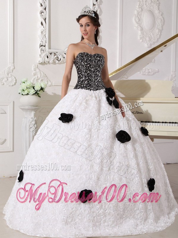 White and Black Strapless Special Fabric Quince Dress with Hand Flowers