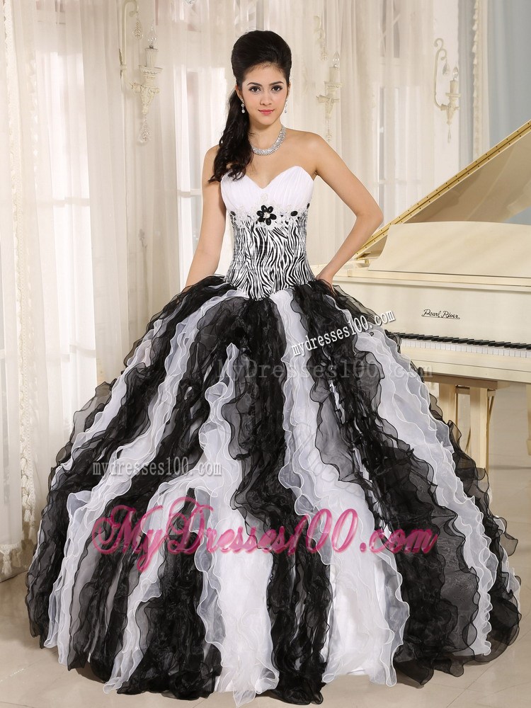 White and Black Ruffles Sweetheart Quinceanera Dress With Appliques