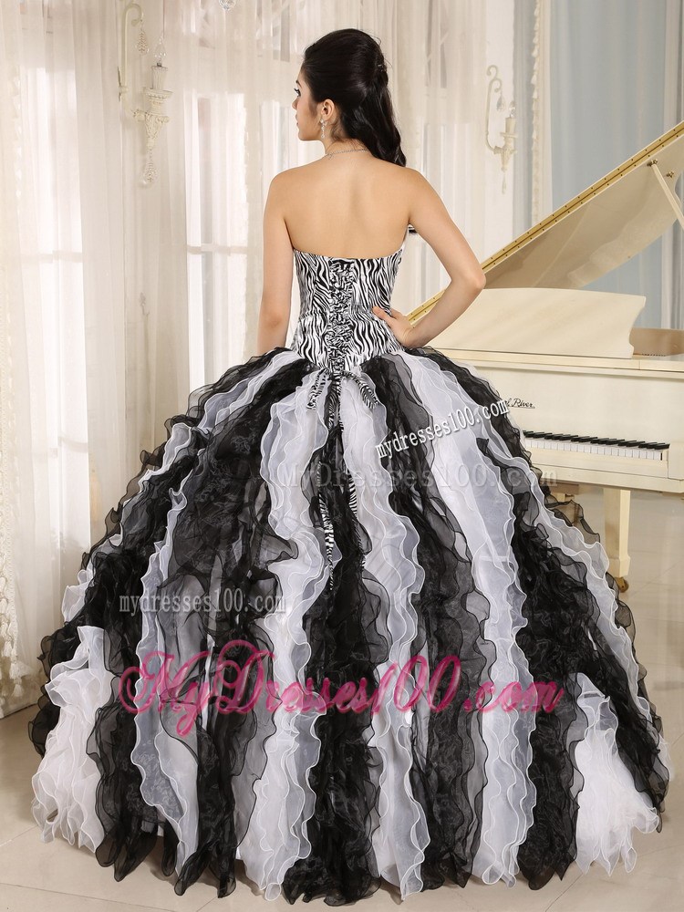 White and Black Ruffles Sweetheart Quinceanera Dress With Appliques
