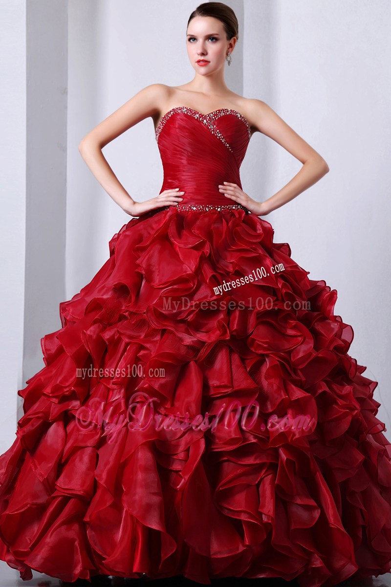 Wine Red A-Line Sweetheart Beading and Organza Layers Quinceanera Dress