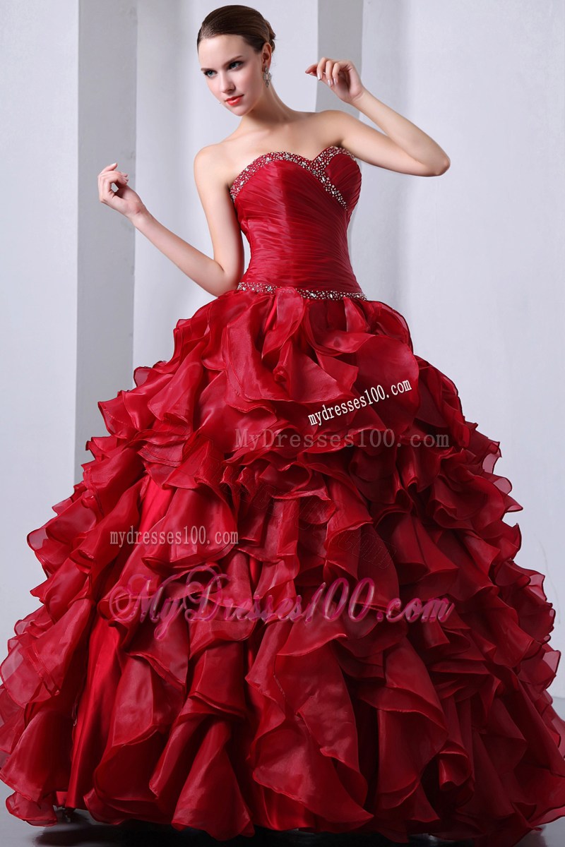 Wine Red A-Line Sweetheart Beading and Organza Layers Quinceanera Dress