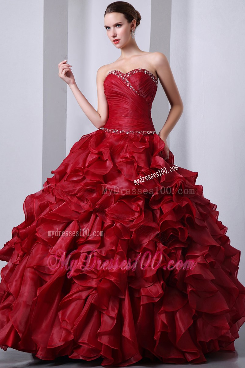 Wine Red A-Line Sweetheart Beading and Organza Layers Quinceanera Dress