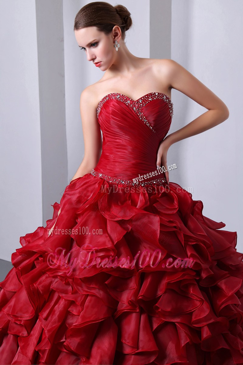 Wine Red A-Line Sweetheart Beading and Organza Layers Quinceanera Dress