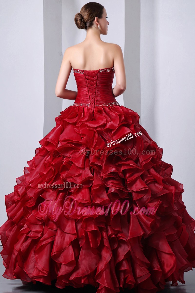 Wine Red A-Line Sweetheart Beading and Organza Layers Quinceanera Dress