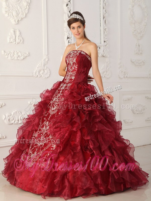Wine Red Strapless Embroidery Appliques and Ruffles Dress for Quince