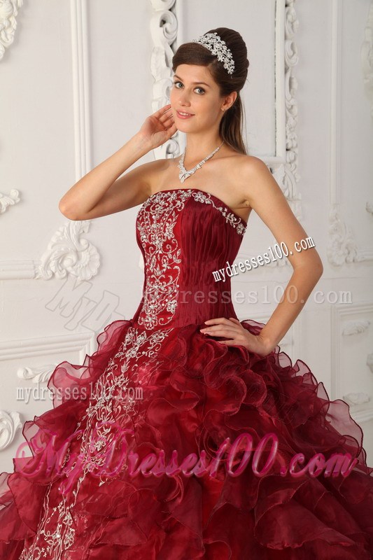 Wine Red Strapless Embroidery Appliques and Ruffles Dress for Quince