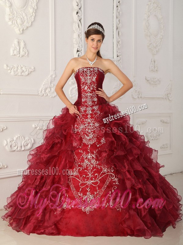 Wine Red Strapless Embroidery Appliques and Ruffles Dress for Quince