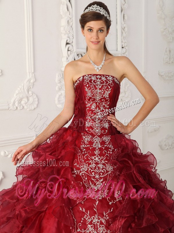 Wine Red Strapless Embroidery Appliques and Ruffles Dress for Quince