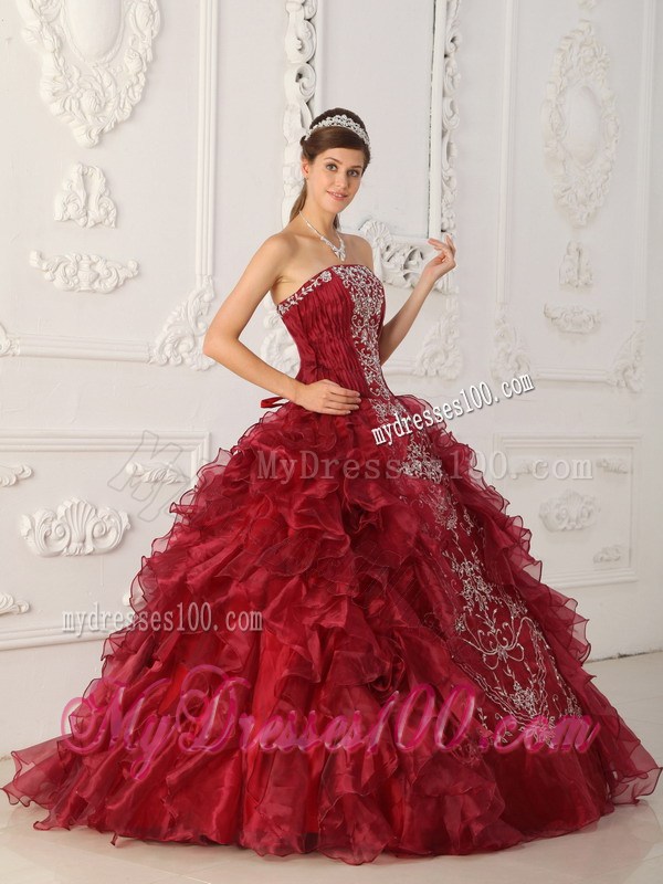 Wine Red Strapless Embroidery Appliques and Ruffles Dress for Quince