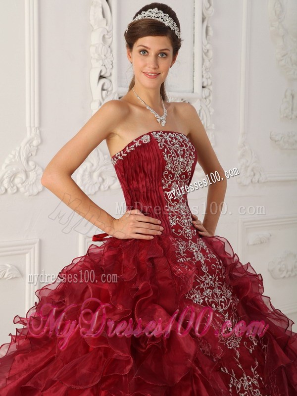 Wine Red Strapless Embroidery Appliques and Ruffles Dress for Quince