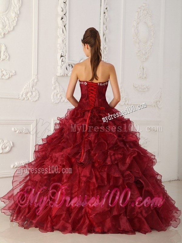 Wine Red Strapless Embroidery Appliques and Ruffles Dress for Quince