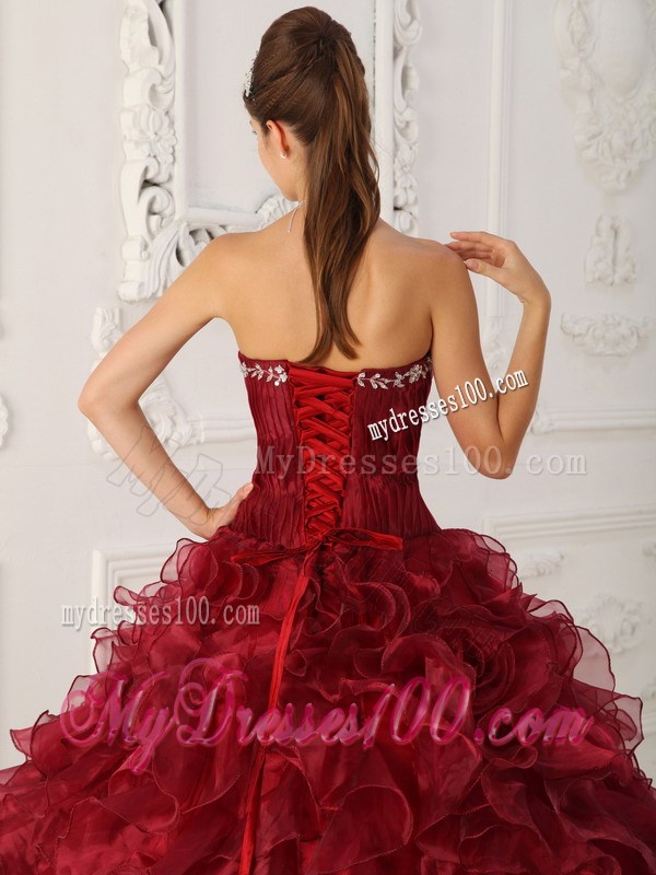 Wine Red Strapless Embroidery Appliques and Ruffles Dress for Quince