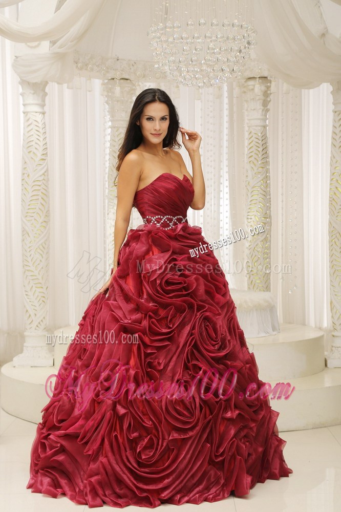 Wine Red Dresses of 15 Made of Rolling Flower Fabric with Beading