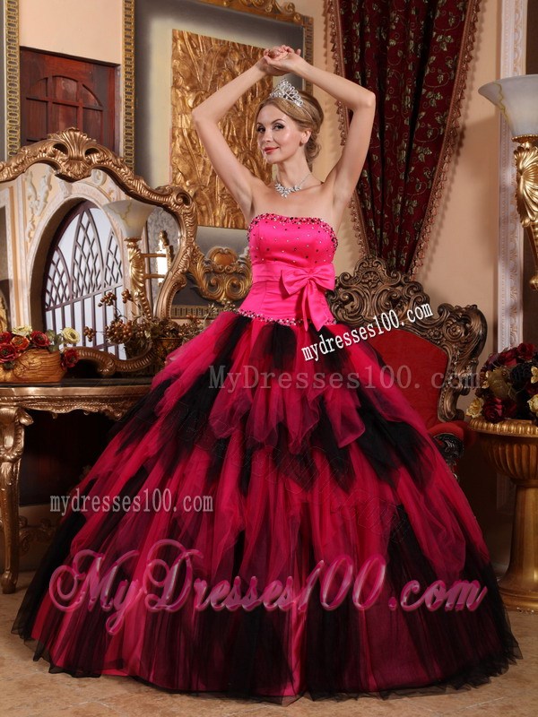 Strapless Red and Black Beading Bow and Ruffled Tulle Quinceanera Dress