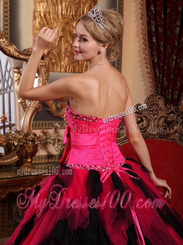 Strapless Red and Black Beading Bow and Ruffled Tulle Quinceanera Dress