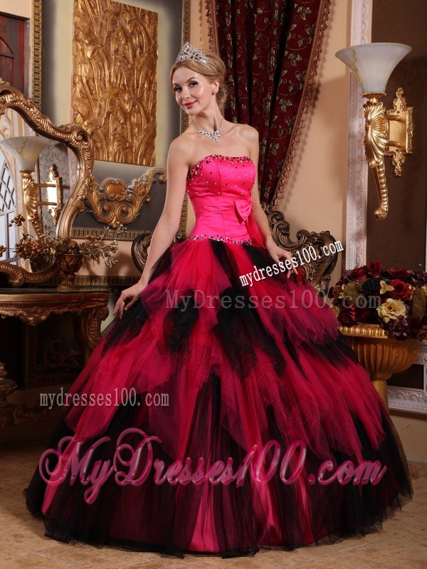 Strapless Red and Black Beading Bow and Ruffled Tulle Quinceanera Dress