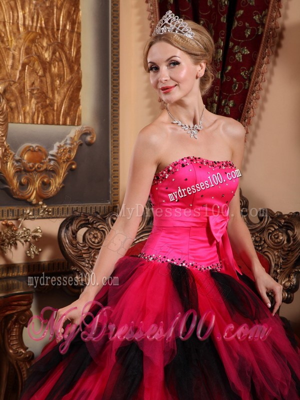Strapless Red and Black Beading Bow and Ruffled Tulle Quinceanera Dress