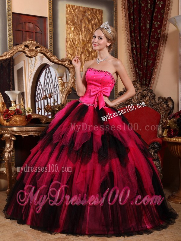 Strapless Red and Black Beading Bow and Ruffled Tulle Quinceanera Dress