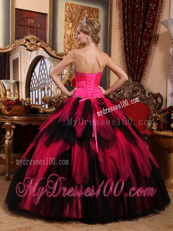 Strapless Red and Black Beading Bow and Ruffled Tulle Quinceanera Dress