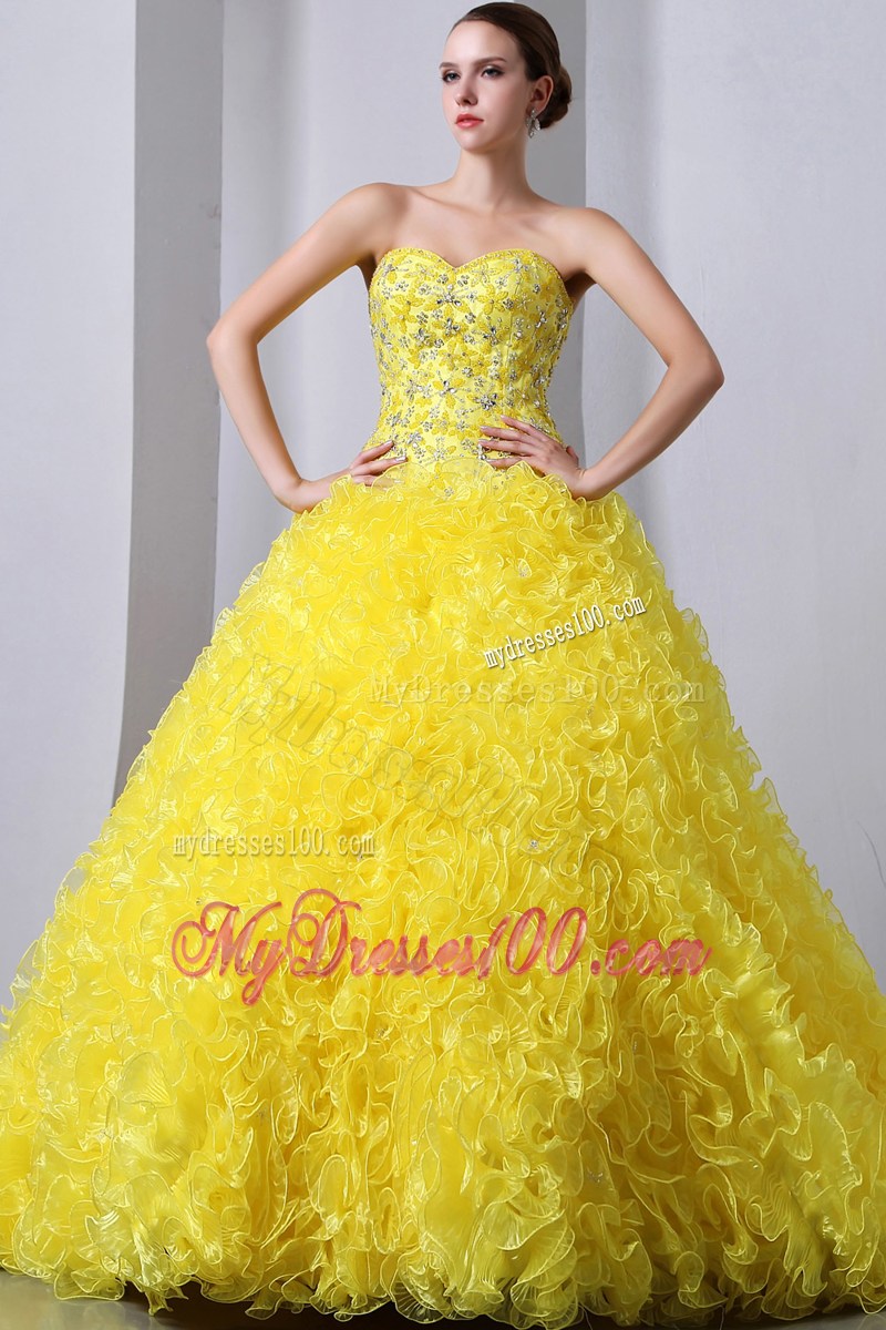 Yellow A-Line Sweetheart Quince Dress Beading and Rolling Flowers