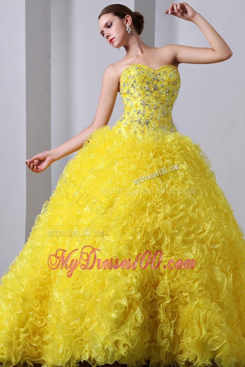 Yellow A-Line Sweetheart Quince Dress Beading and Rolling Flowers