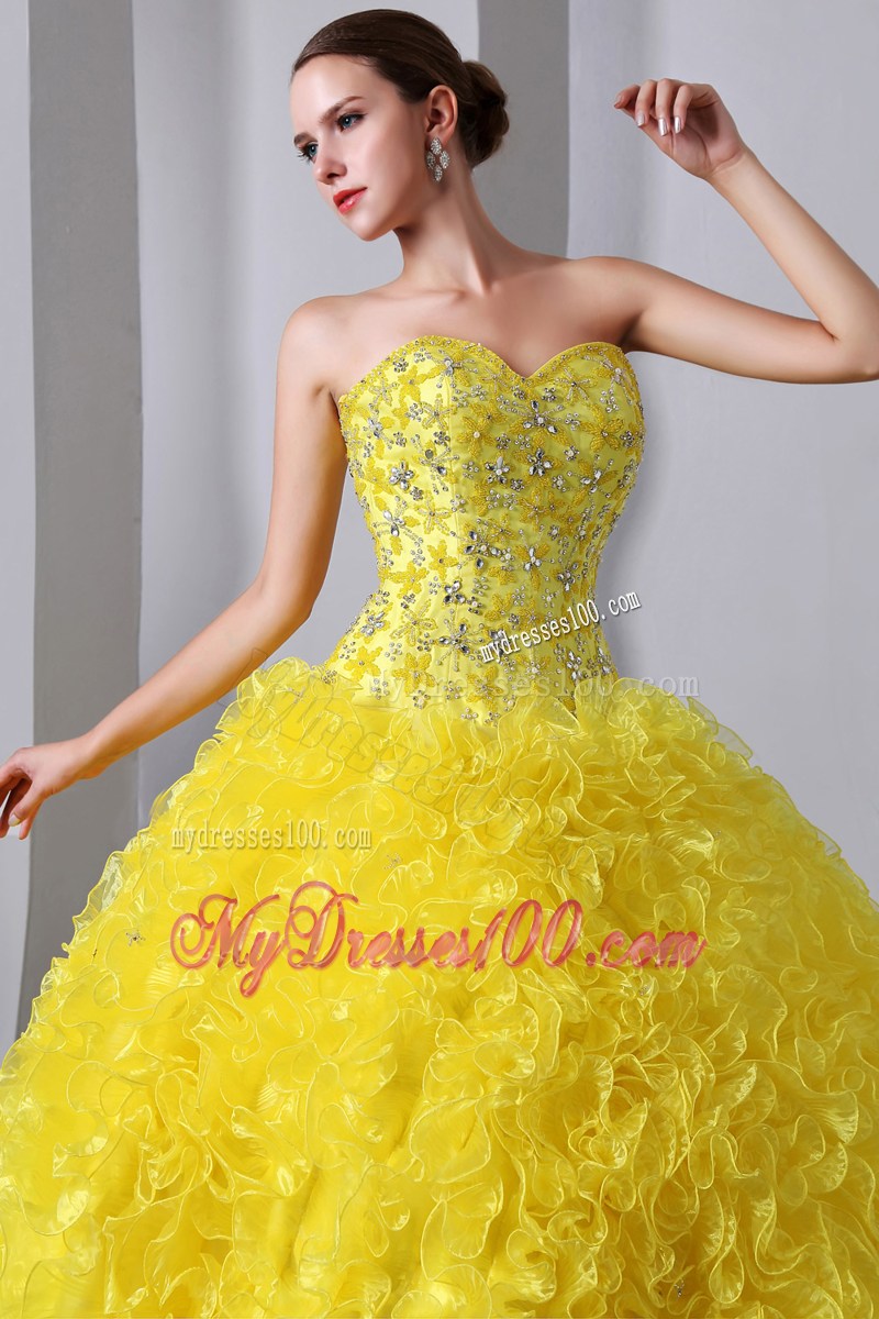 Yellow A-Line Sweetheart Quince Dress Beading and Rolling Flowers
